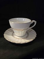 Cup on matching saucer showing pattern and gilt rim