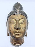 Front view of bronze Buddha head sculpture