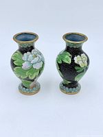 Front view showing both cloisonné vases with floral design
