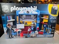 Retail box showing Playmobil NHL Locker Room Play Box set #9176 with 65 pieces and age range 5+