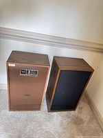 Both speakers side by side showing cabinet finishes and grille