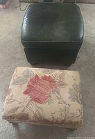 Green leather ottoman front with floral stool behind