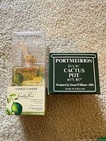 Boxed Yankee Candle diffuser beside boxed Portmeirion cactus pot