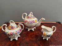 Full view of teapot, sugar bowl with lid, and creamer on table