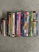 Row of DVD cases showing titles and languages