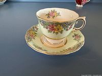 teacup on saucer displaying exterior floral pattern and gold trim