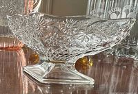 Side view of Indiana Glass compote showing floral pattern and pedestal