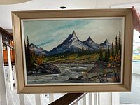 Full view of framed Alberta mountain scene oil painting