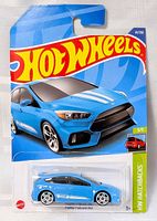 Front of sealed Hot Wheels card showing Ford Focus RS artwork and branding