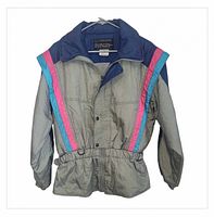 Front view of gray, blue, pink, teal Descente ski jacket on hanger