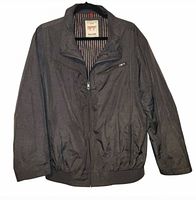 Front view of grey Esprit bomber jacket showing zipper, pockets, collar