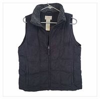 Front view of black quilted L.L.Bean vest on hanger showing zipper, pockets, sherpa collar