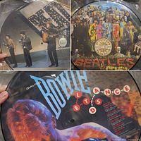 Collage view showing all three picture disc designs in plastic sleeves