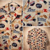 Full front view of shirt on hanger showing overall print and condition