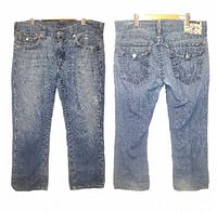Front and back views of the jeans showing overall style, straight leg cut, and horseshoe pocket stitching