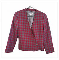 Front view of red and grey plaid Giorgio Armani Le Collezioni blazer on hanger