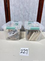 two clear bins with contents, lot overview