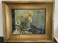 Front view showing entire framed oil painting with still life scene