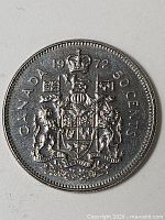 Reverse side showing CANADA 1972 50 CENTS and Coat of Arms