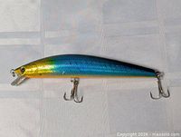 Full view of 7" crankbait showing body coloration and both treble hooks