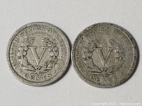 Two US Liberty Head V Nickel 5-cent coins reverse side