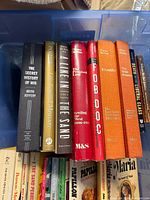 Top view of plastic bin showing main hardcover spines