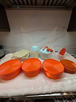 Group view of all Tupperware pieces on countertop