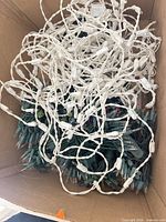 Box top view showing tangled white-wire and bundled green-wire light strands