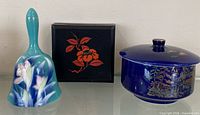 Bell, lacquer box, and lidded bowl overview
