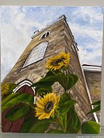Full view of acrylic painting showing sunflowers and stone tower