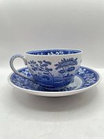 Side view of jumbo teacup on saucer showing blue transferware design