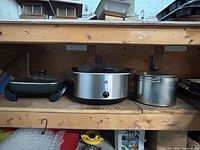 Electric skillet, slow cooker, stock pot on shelf
