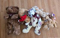 All seven plush toys laid out on floor