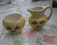 creamer pitcher and sugar bowl front view showing pattern and shape