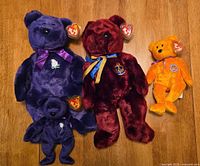 Front view of all five bears showing size differences, colors, chest emblems and hang tags