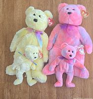 Front view of all four bears showing colors, sizes, ribbons, and Ty tags