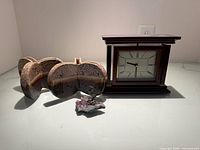 Clock, two ceramic apple decor pieces, amethyst crystal cluster