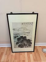 Framed Chinese ink wash landscape painting showing full piece