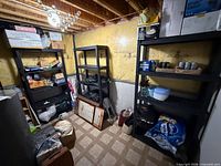 All three black plastic shelving units in basement setting