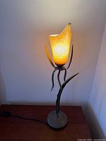 Full view of lamp lit, metal stem and base visible