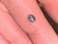 Top view of oval cabochon showing chatoyancy band on fingertip