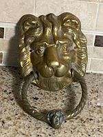 Front view of brass lion head door knocker