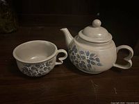 Teapot and teacup side by side showing design