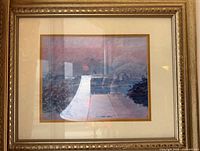 Front view of framed watercolor landscape with mat and glass