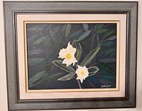 Front view of framed acrylic floral painting showing artwork, frame, mat and signature
