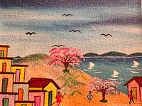 Full view upper section with seascape, houses, sailboats, birds