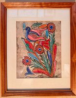 First framed gouache of bird with red flowers