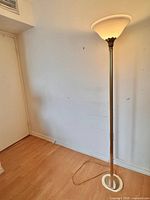 Full view of brass-tone torchiere floor lamp standing on floor