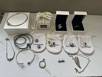 Full layout of jewellery showing 17 Pandora pieces and packaging