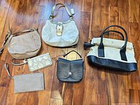 All six bags and wristlets laid out on floor for size and color comparison